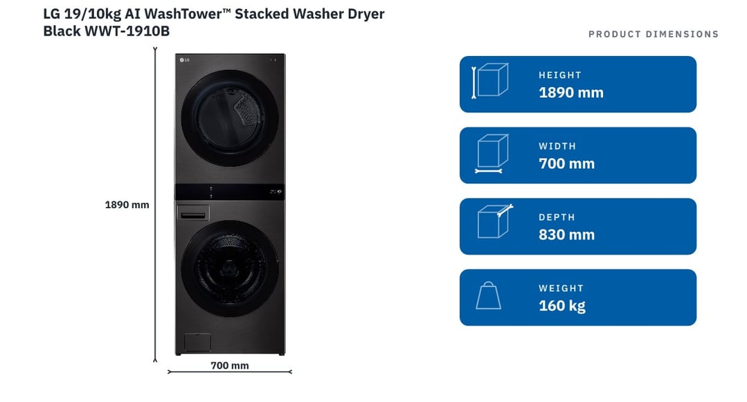 LG 19/10kg AI WashTower™ Stacked Washer Dryer Black WWT-1910B — product dimensions