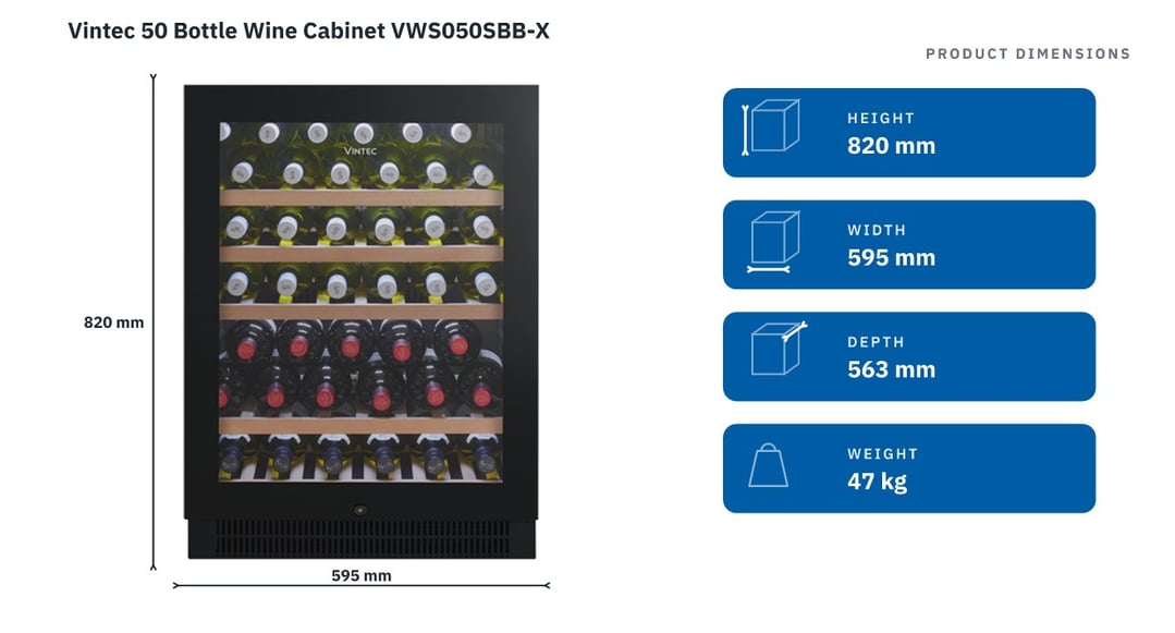 Vintec 50 Bottle Wine Cabinet VWS050SBB-X — product dimensions