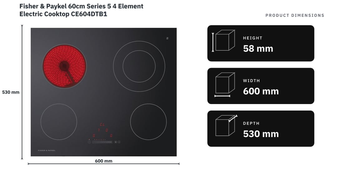 Fisher & Paykel 60cm Series 5 4 Element Electric Cooktop CE604DTB1 — product dimensions