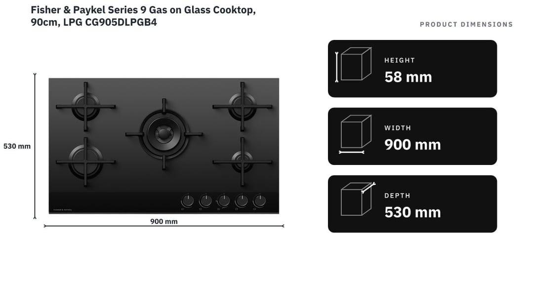 Fisher & Paykel Series 9 Gas on Glass Cooktop, 90cm, LPG CG905DLPGB4 — product dimensions