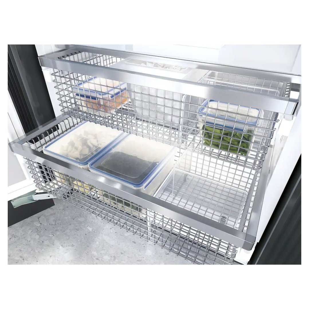 Open freezer showing wire baskets with food containers inside