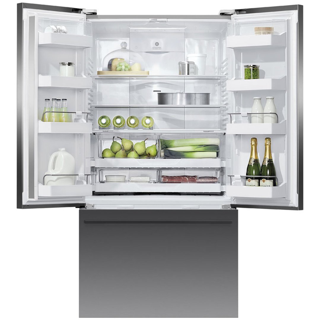 Open French door refrigerator freezer filled with food and drinks