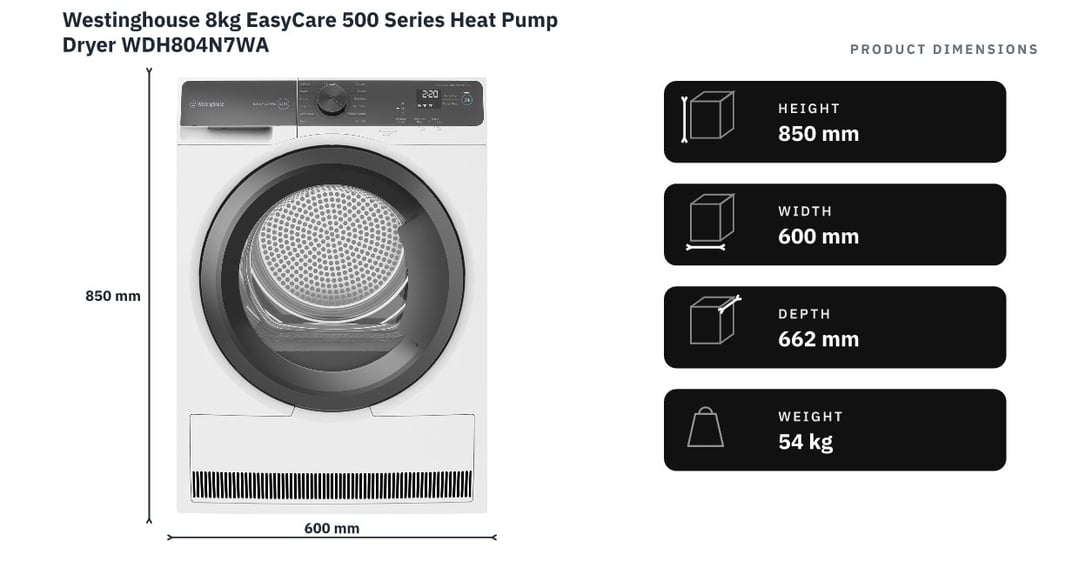 Westinghouse 8kg EasyCare 500 Series Heat Pump Dryer WDH804N7WA — product dimensions