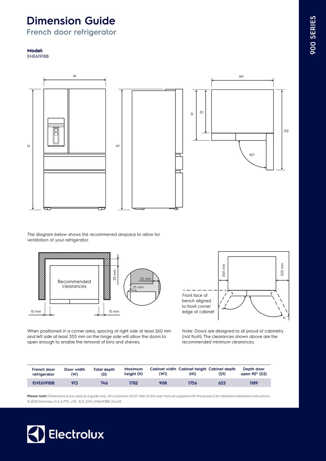 Electrolux 609L French Door Fridge, Matte Charcoal Black EHE6191BB
