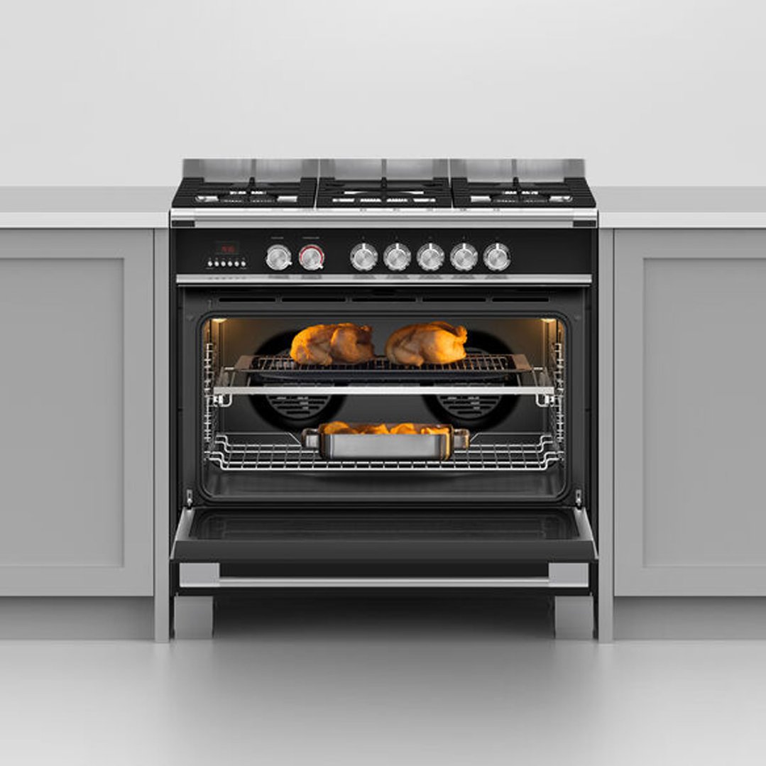 Freestanding oven with two chickens and potatoes cooking inside in a kitchen