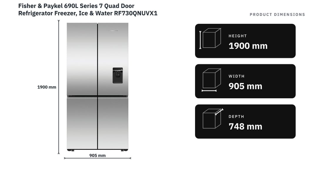 Fisher & Paykel 690L Series 7 Quad Door Refrigerator Freezer, Ice & Water RF730QNUVX1 — product dimensions