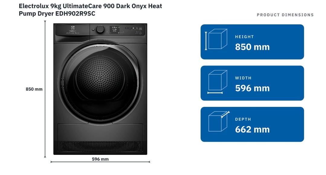 Electrolux 9kg UltimateCare 900 Dark Onyx Heat Pump Dryer EDH902R9SC — product dimensions