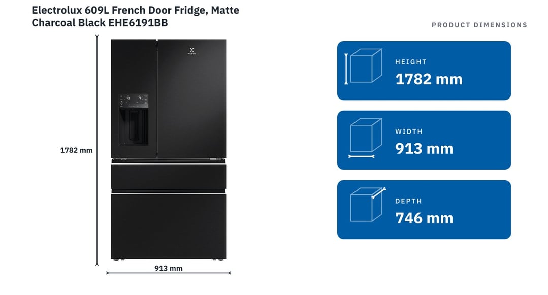 Electrolux 609L French Door Fridge, Matte Charcoal Black EHE6191BB