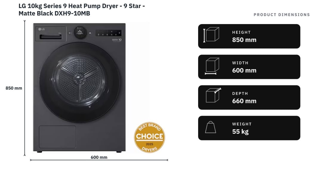 LG 10kg Series 9 Heat Pump Dryer - 9 Star - Matte Black DXH9-10MB — product dimensions
