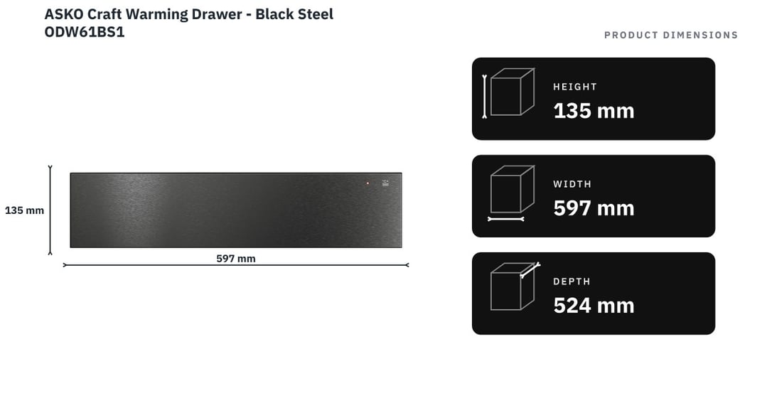 ASKO Craft Warming Drawer - Black Steel ODW61BS1 — product dimensions