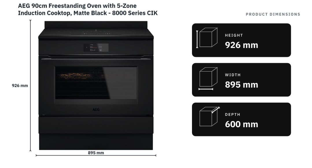 AEG 90cm Freestanding Oven with 5-Zone Induction Cooktop, Matte Black - 8000 Series CIK9689ZPT — product dimensions