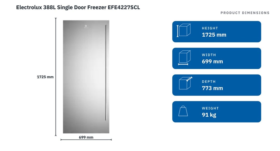 Electrolux 388L Single Door Freezer EFE4227SCL — product dimensions