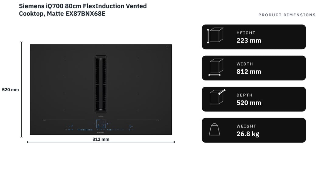 Siemens iQ700 80cm FlexInduction Vented Cooktop, Matte EX87BNX68E — product dimensions