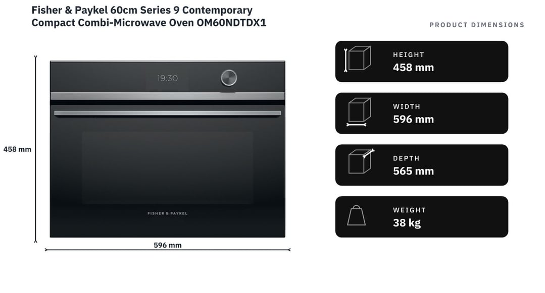Fisher & Paykel 60cm Series 9 Contemporary Compact Combi-Microwave Oven OM60NDTDX1 — product dimensions