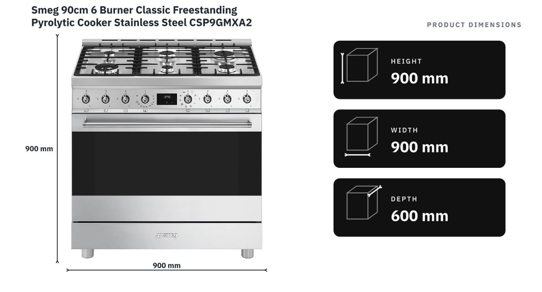 Smeg 90cm 6 Burner Classic Freestanding Pyrolytic Cooker Stainless Steel CSP9GMXA2 — product dimensions