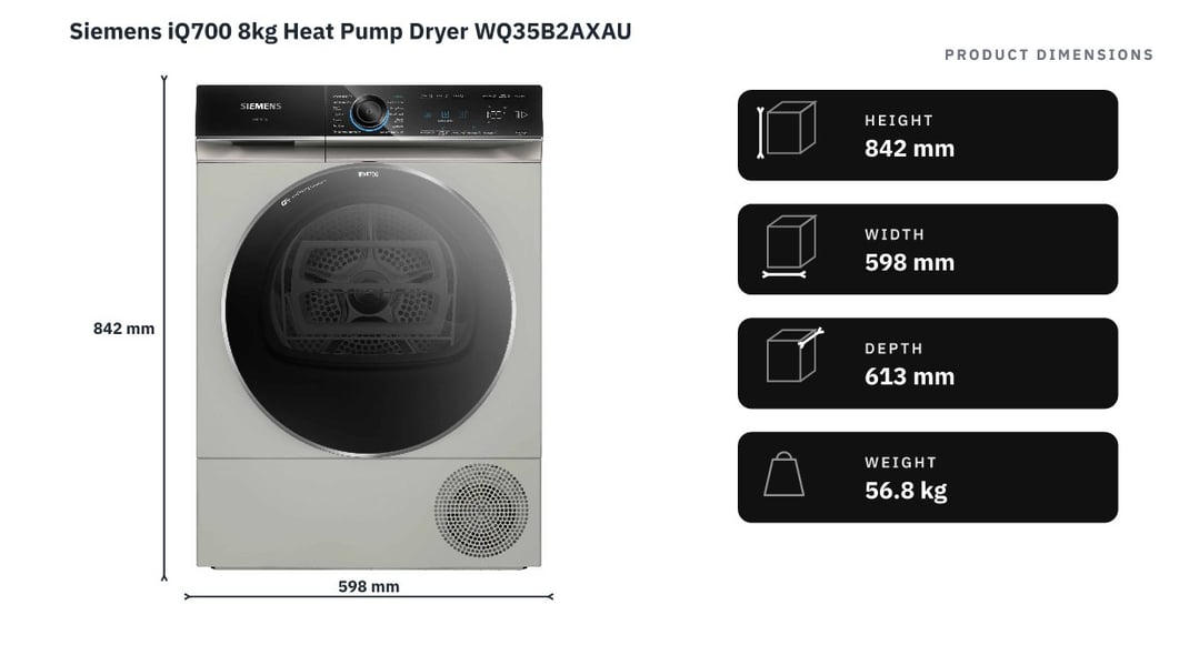 Siemens iQ700 8kg Heat Pump Dryer WQ35B2AXAU — product dimensions