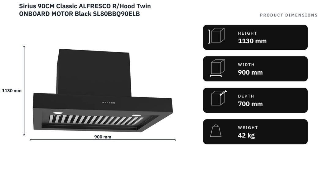 Sirius 90CM Classic ALFRESCO R/Hood Twin ONBOARD MOTOR Black SL80BBQ90ELB — product dimensions