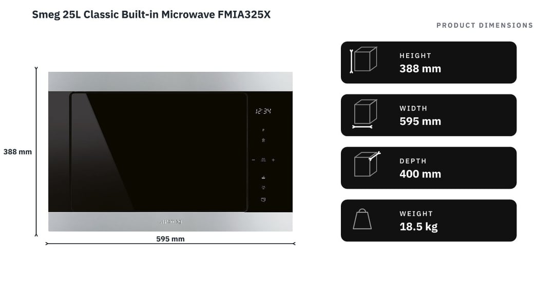 Smeg 25L Classic Built-in Microwave FMIA325X — product dimensions