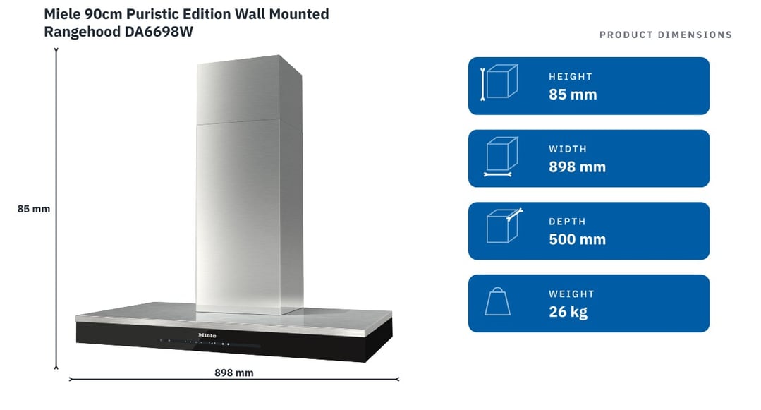 Miele 90cm Puristic Edition Wall Mounted Rangehood DA6698W — product dimensions