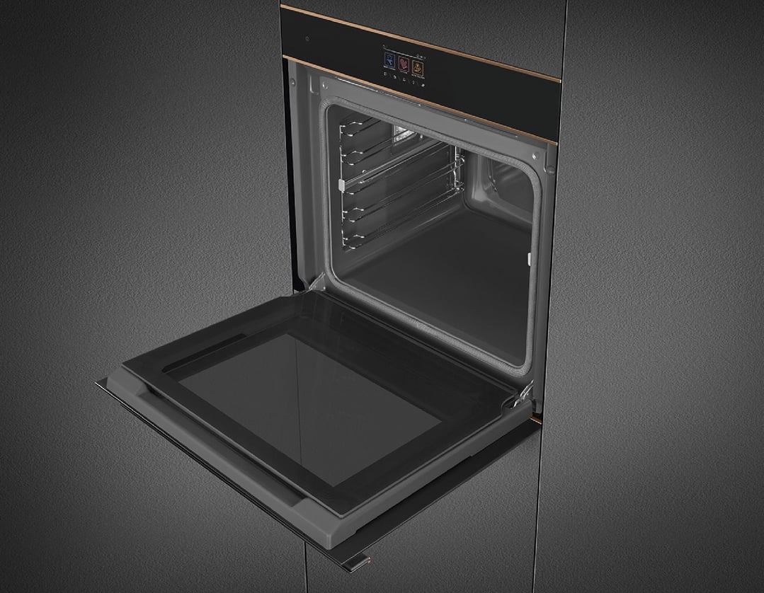 Built-in oven with door open showing interior racks and control panel