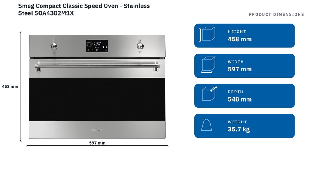 Smeg Compact Classic Speed Oven - Stainless Steel SOA4302M1X — product dimensions