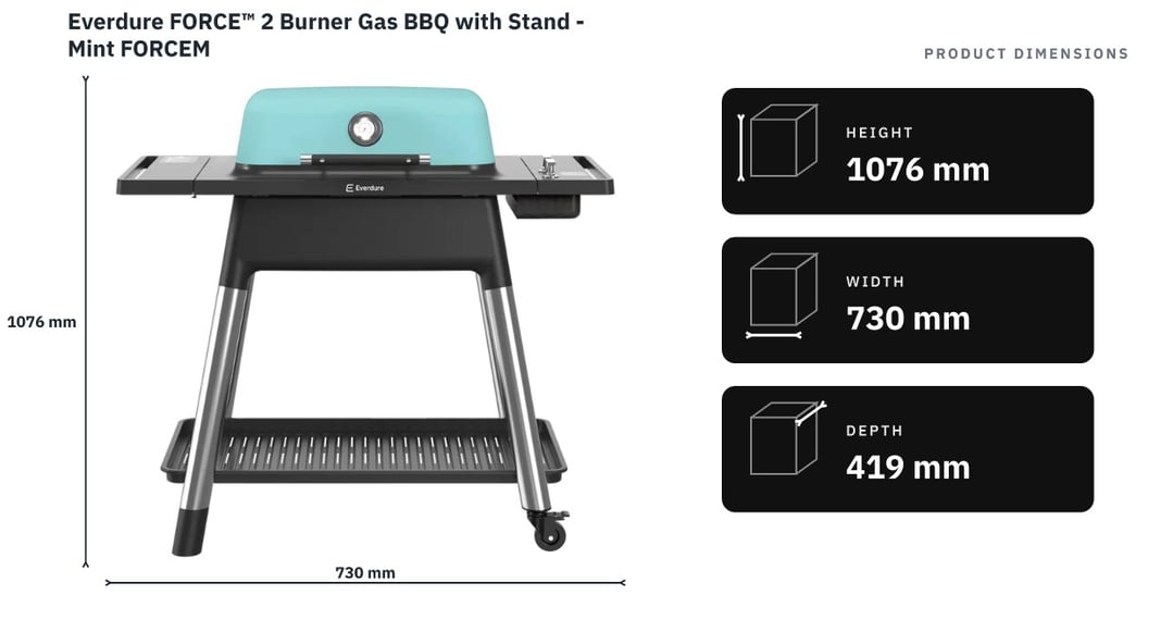 Everdure FORCE™ 2 Burner Gas BBQ with Stand - Mint FORCEM — product dimensions