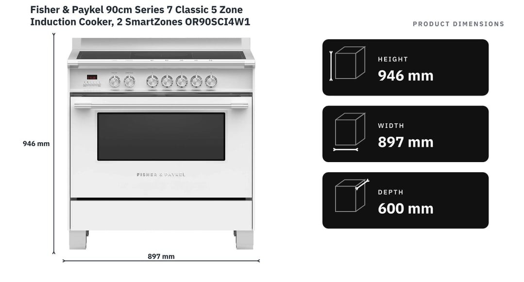 Fisher & Paykel 90cm Series 7 Classic 5 Zone Induction Cooker, 2 SmartZones OR90SCI4W1 — product dimensions