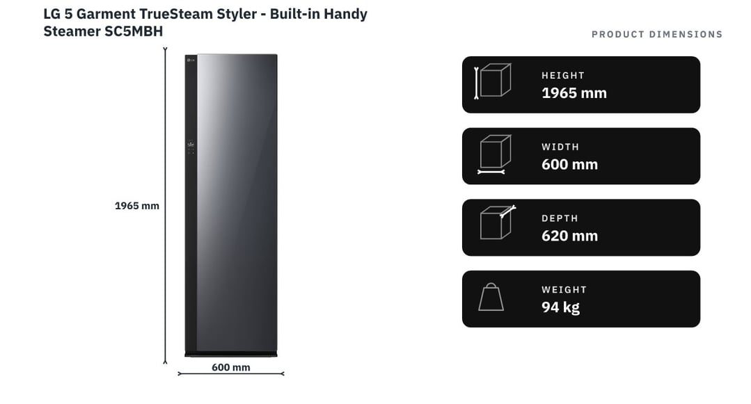 LG 5 Garment TrueSteam Styler - Built-in Handy Steamer SC5MBH — product dimensions