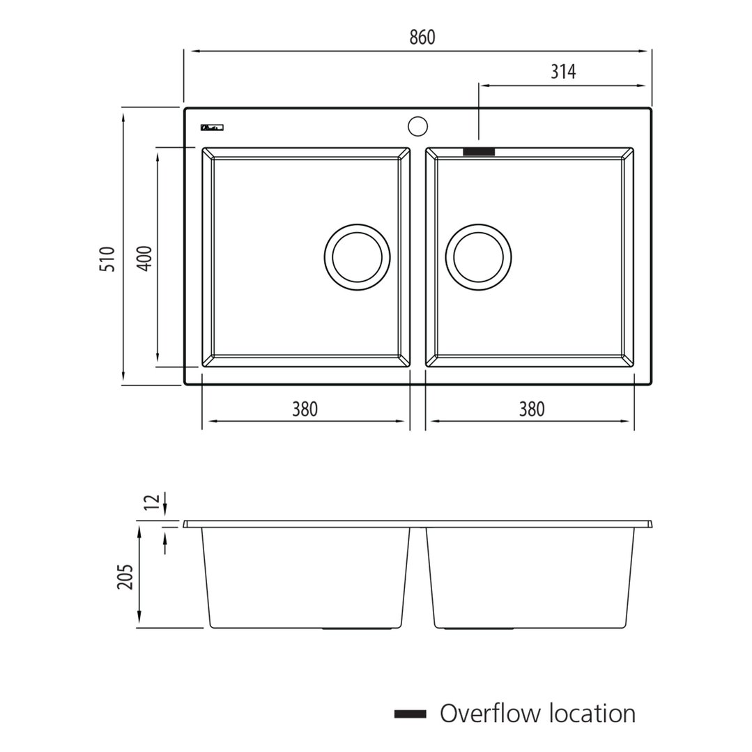 Oliveri Santorini Double Bowl Topmount Sink - Black ST-BL1564OF