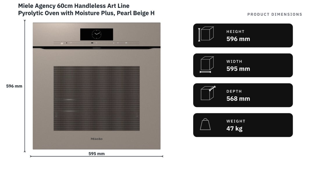 Miele Agency 60cm Handleless Art Line Pyrolytic Oven with Moisture Plus, Pearl Beige H7860BPXPEBE — product dimensions