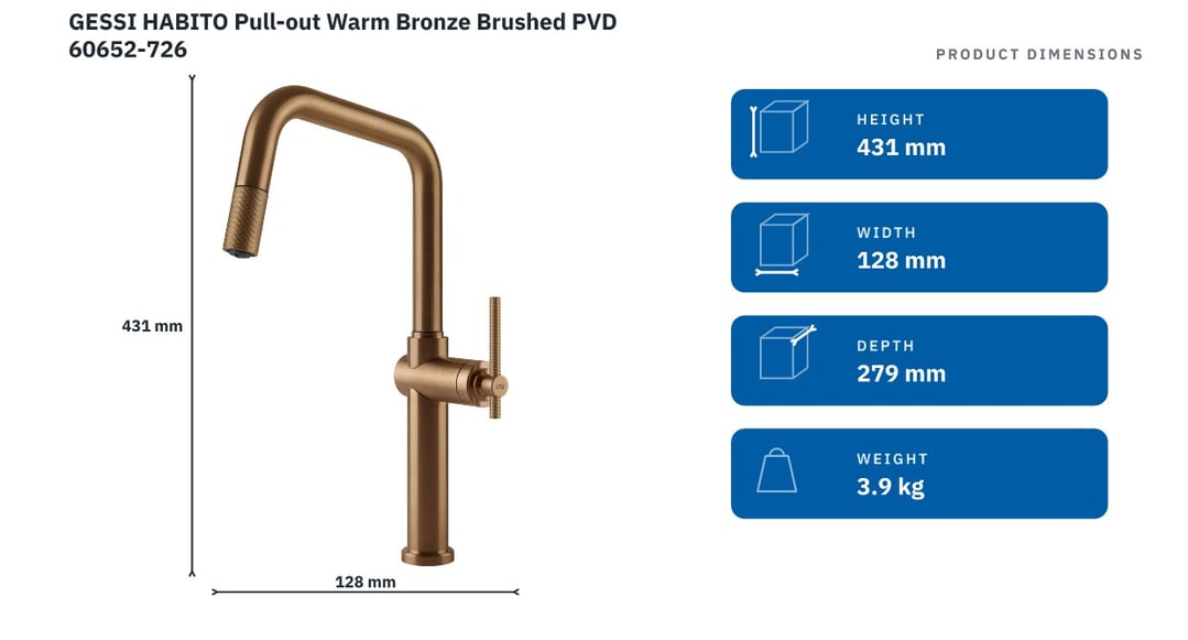 GESSI HABITO Pull-out Warm Bronze Brushed PVD 60652-726 — product dimensions