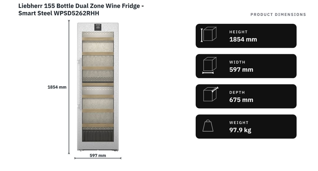 Liebherr 155 Bottle Dual Zone Wine Fridge - Smart Steel WPSD5262RHH — product dimensions