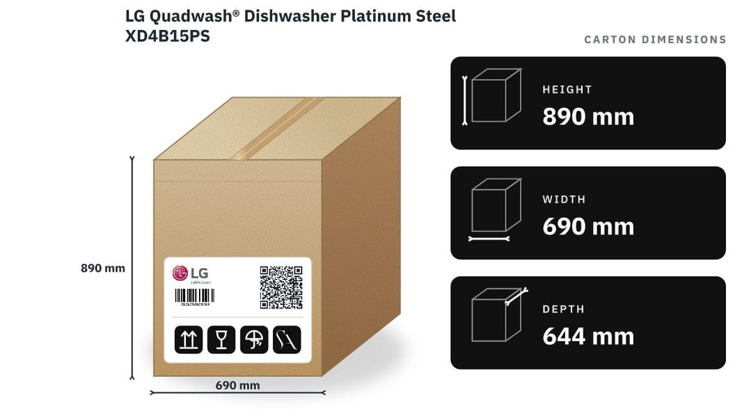 LG Quadwash® Dishwasher Platinum Steel XD4B15PS — packaged dimensions