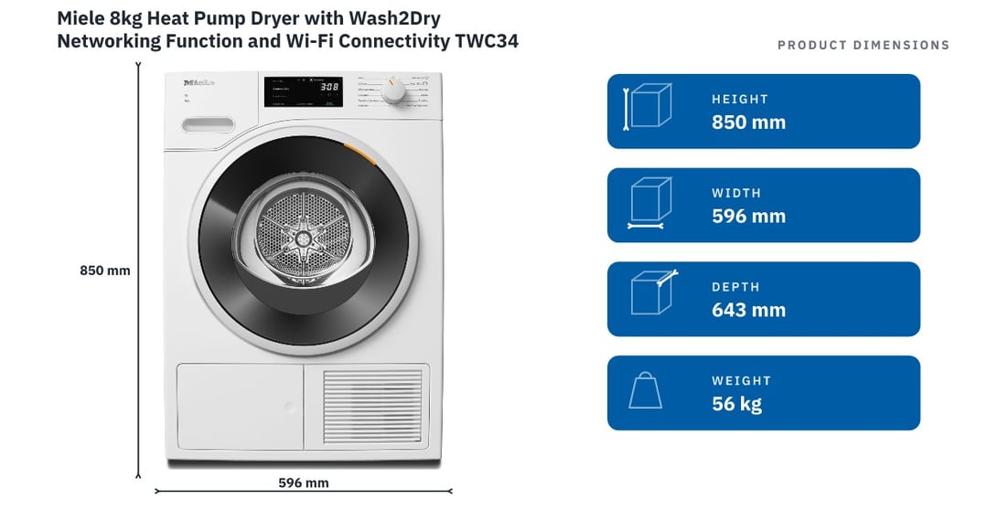Miele 8kg Heat Pump Dryer with Wash2Dry Networking Function and Wi-Fi Connectivity TWC340WP