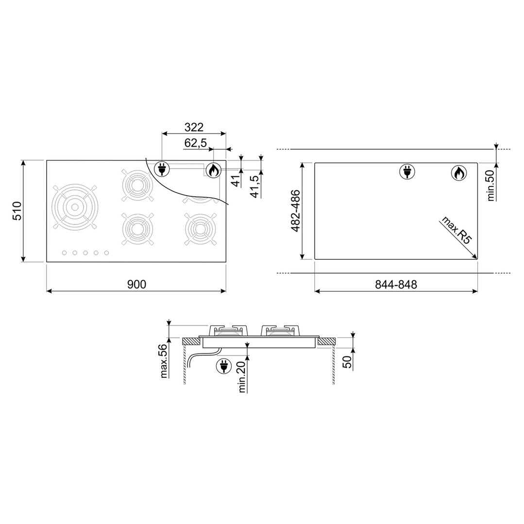 Smeg 90cm Classic Gas on Glass Cooktop - Black Glass PV395LNAU