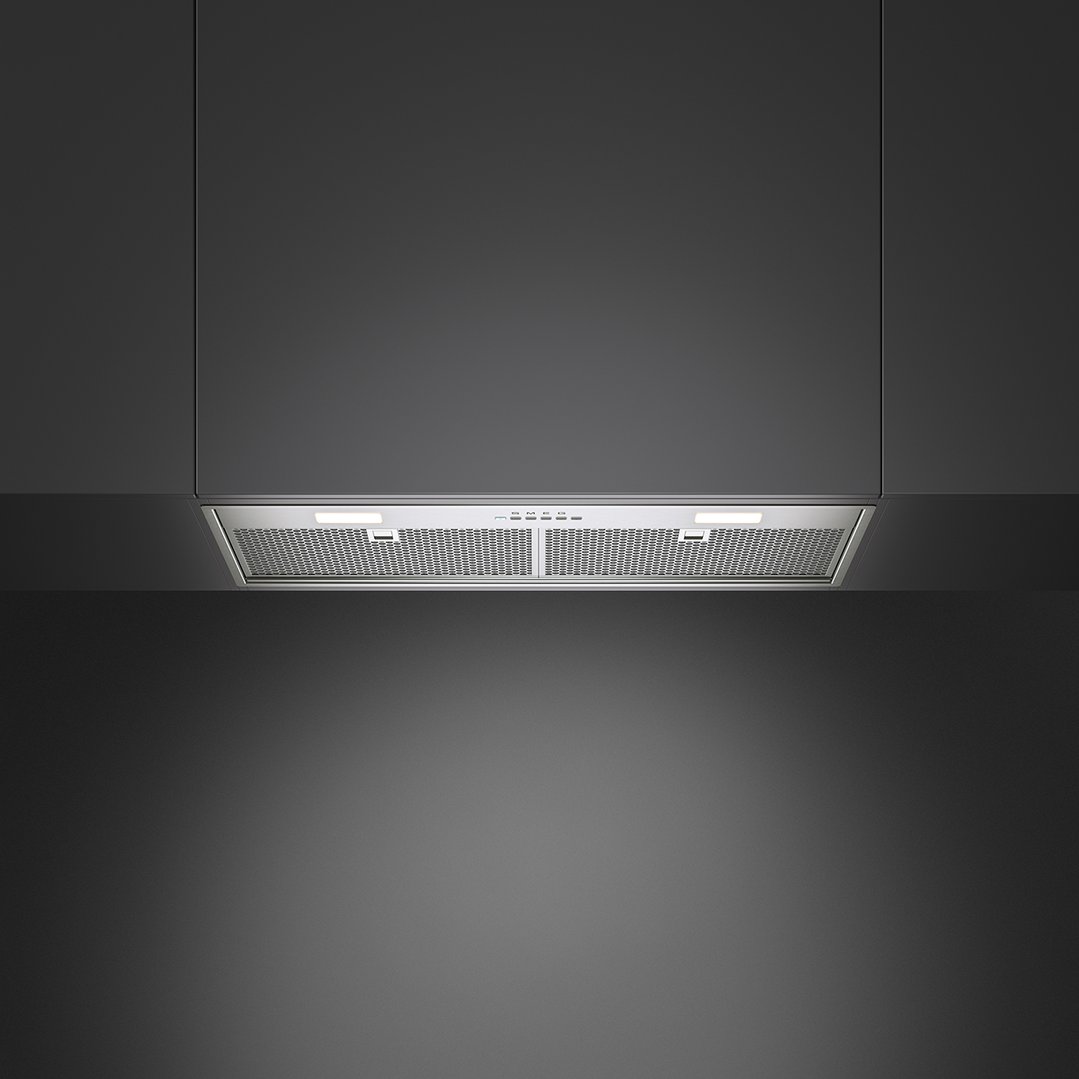 Stainless steel rangehood installed under dark grey kitchen cabinets