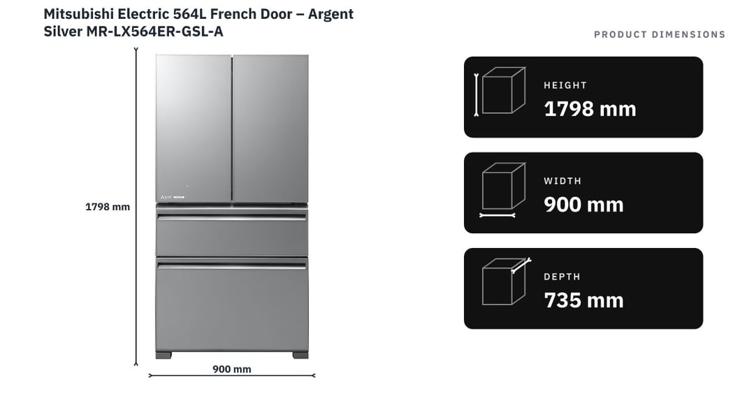 Mitsubishi Electric 564L French Door – Argent Silver MR-LX564ER-GSL-A — product dimensions