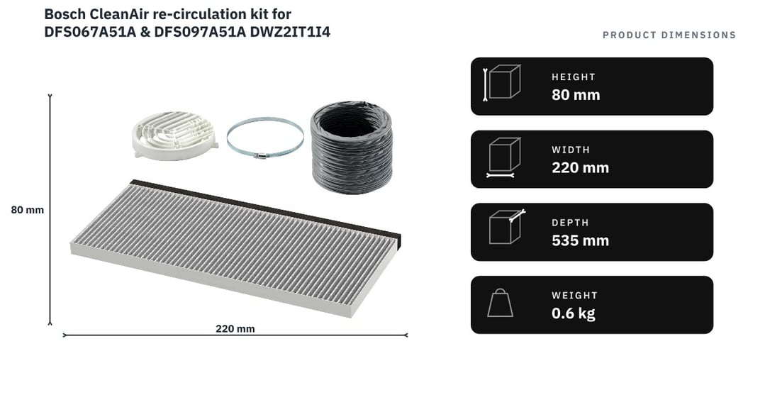 Bosch CleanAir re-circulation kit for DFS067A51A & DFS097A51A DWZ2IT1I4 — product dimensions