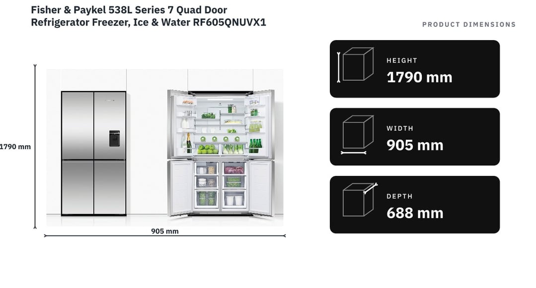 Fisher & Paykel 538L Series 7 Quad Door Refrigerator Freezer, Ice & Water RF605QNUVX1 — product dimensions