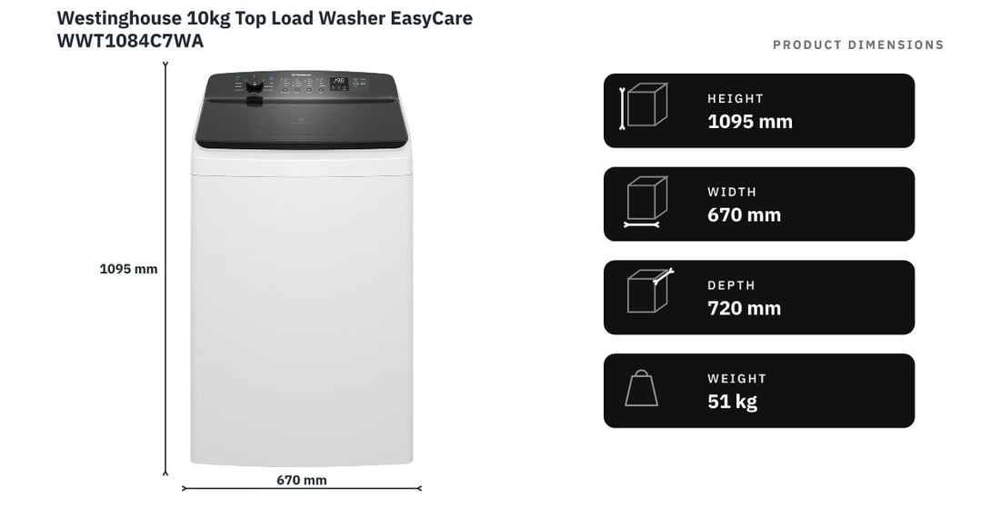 Westinghouse 10kg Top Load Washer EasyCare WWT1084C7WA — product dimensions