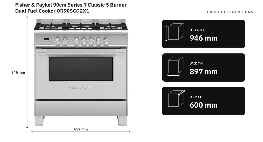 Fisher & Paykel 90cm Series 7 Classic 5 Burner Dual Fuel Cooker OR90SCG2X1 — product dimensions