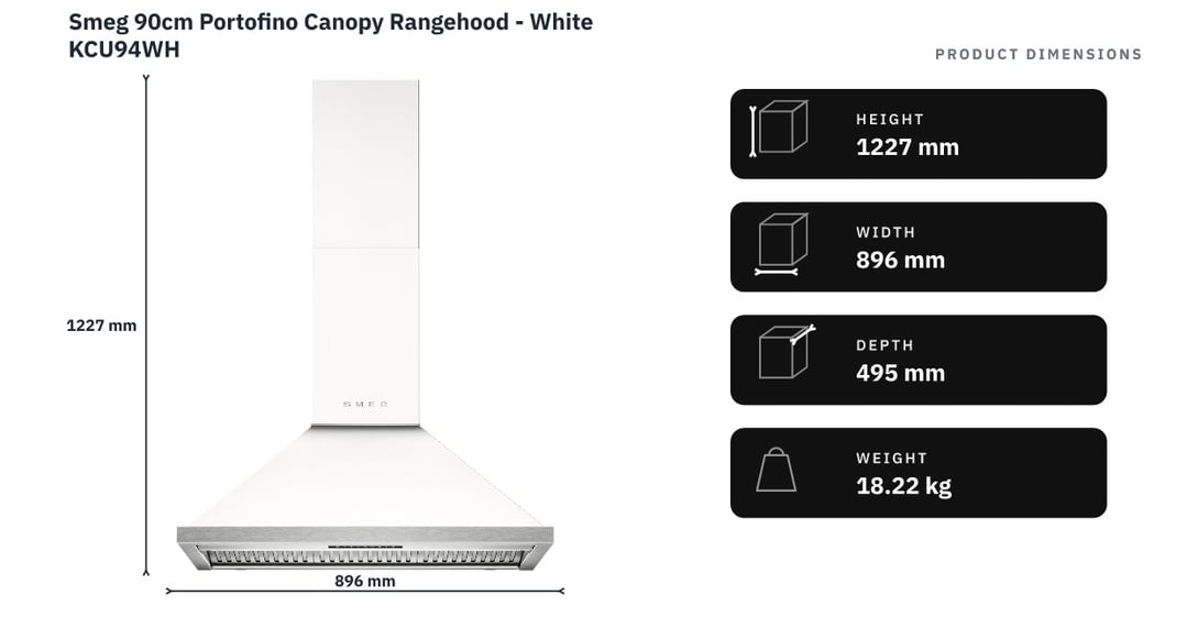 Smeg 90cm Portofino Canopy Rangehood - White KCU94WH — product dimensions