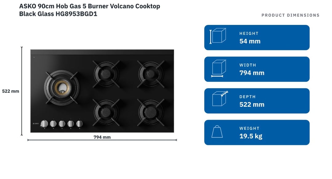 Asko 90cm Hob Gas 5 Burner Volcano Cooktop Black Glass HG8953BGD1