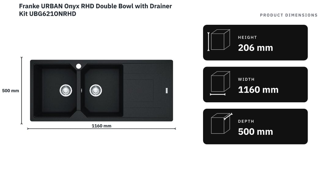 Franke URBAN Onyx RHD Double Bowl with Drainer Kit UBG621ONRHD — product dimensions
