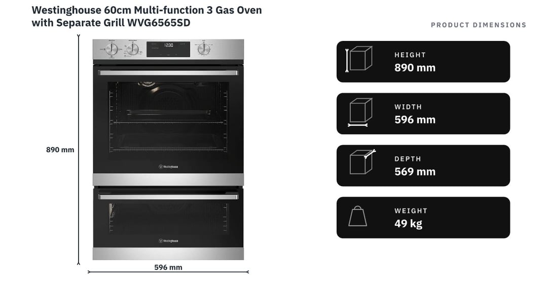 Westinghouse 60cm Multi-function 3 Gas Oven with Separate Grill WVG6565SD — product dimensions