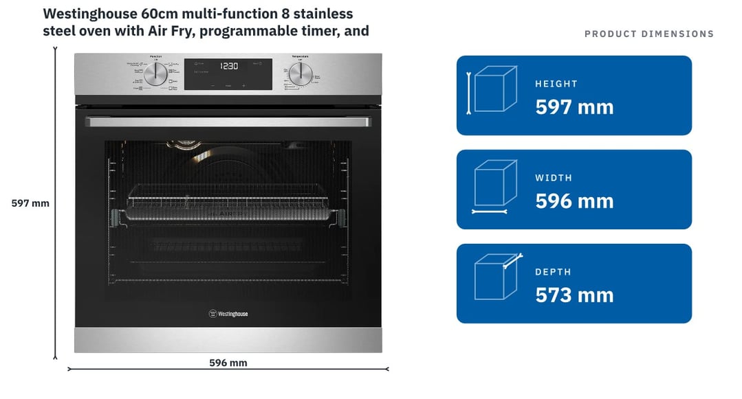 Westinghouse 60cm multi-function 8 stainless steel oven with Air Fry, programmable timer, and 80L WVE6516SD