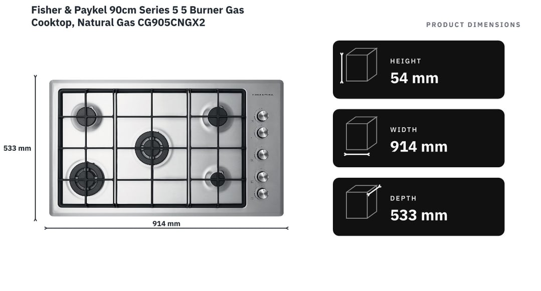 Fisher & Paykel 90cm Series 5 5 Burner Gas Cooktop, Natural Gas CG905CNGX2 — product dimensions