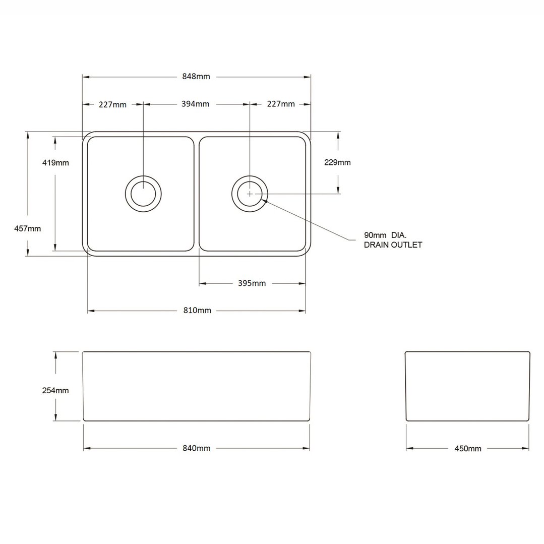 Turner Hastings Novi 85x46 Double Bowl Fireclay Butler Sink - Matte Black NO85FS-MB