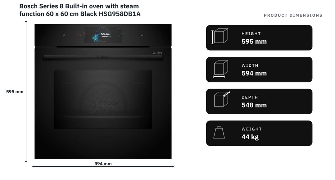 Bosch Series 8 Built-in oven with steam function 60 x 60 cm Black HSG958DB1A — product dimensions