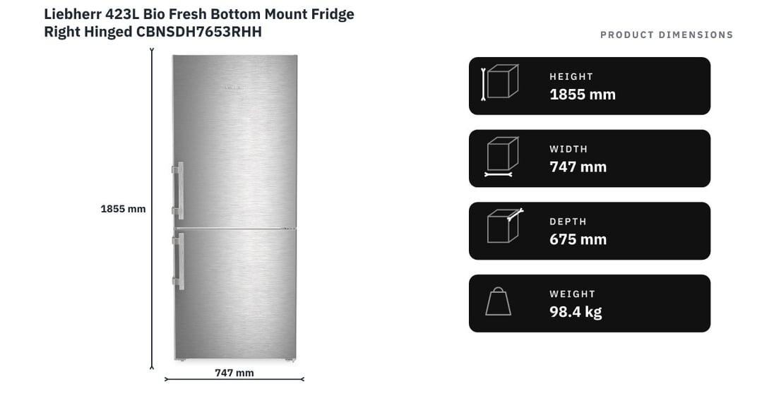 Liebherr 423L Bio Fresh Bottom Mount Fridge Right Hinged CBNSDH7653RHH — product dimensions